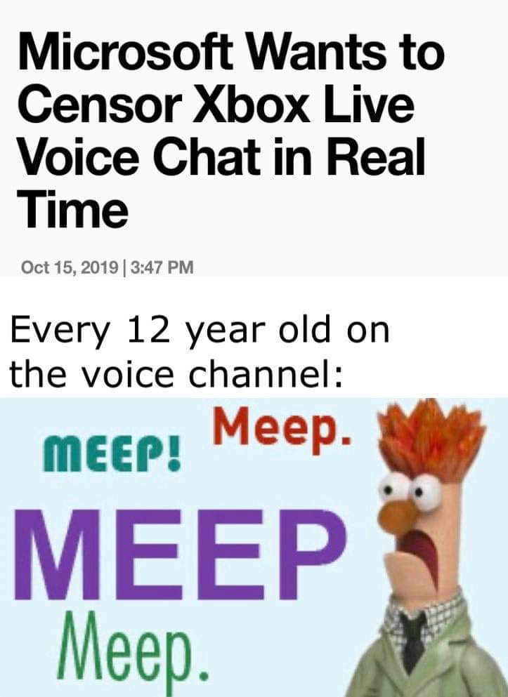human behavior - Microsoft Wants to Censor Xbox Live Voice Chat in Real Time | Every 12 year old on the voice channel Meep! Meep. Meep Meep.