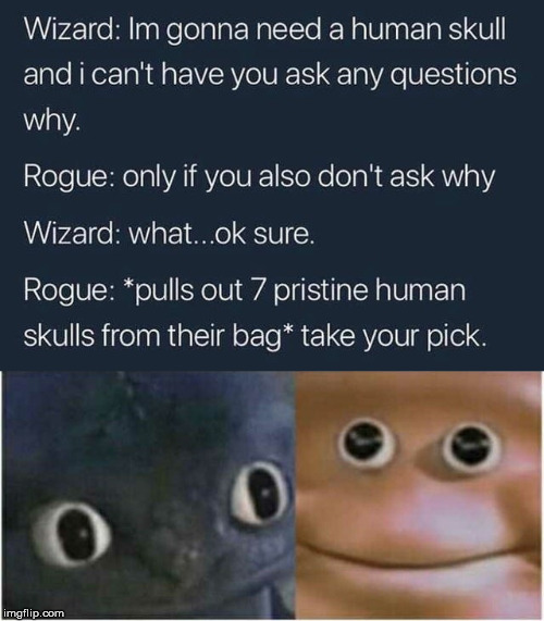 dank meme - photo caption - Wizard Im gonna need a human skull and i can't have you ask any questions why. Rogue only if you also don't ask why Wizard what...ok sure. Rogue pulls out 7 pristine human skulls from their bag take your pick. imgflip.com