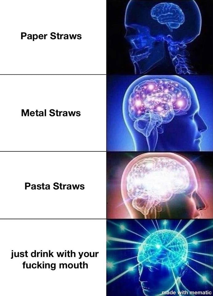 vegan meme - progression memes - Paper Straws Metal Straws Pasta Straws just drink with your fucking mouth made with mematic
