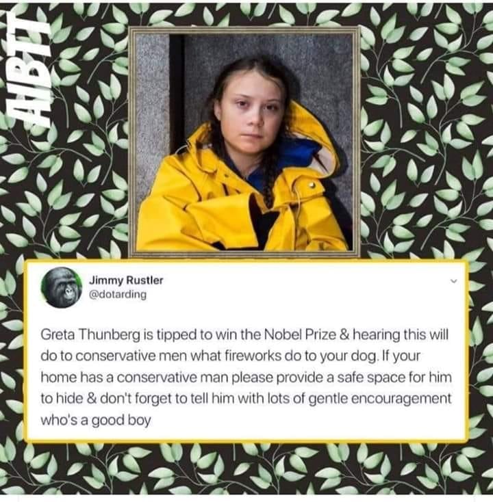 vegan meme - pattern - Jimmy Rustler Greta Thunberg is tipped to win the Nobel Prize & hearing this will do to conservative men what fireworks do to your dog. If your home has a conservative man please provide a safe space for him to hide & don't forget t