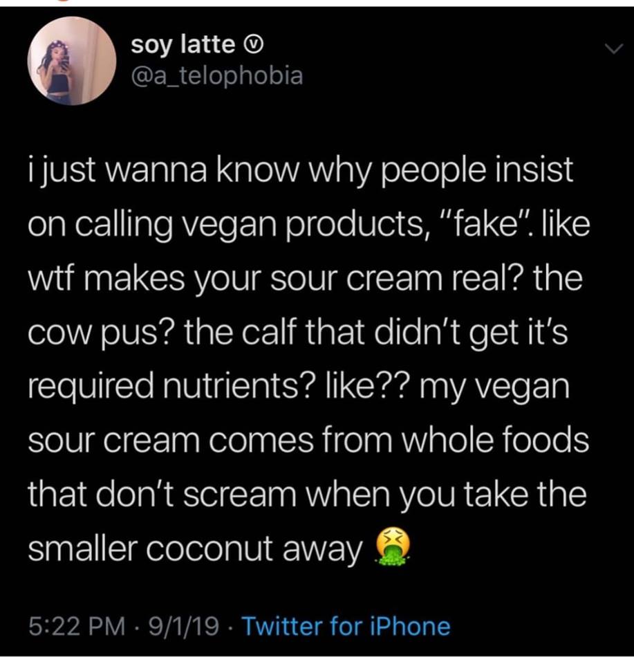 vegan meme - usher there goes my baby - soy latte i just wanna know why people insist on calling vegan products, "fake". wtf makes your sour cream real? the cow pus? the calf that didn't get it's required nutrients? ?? my vegan sour cream comes from whole