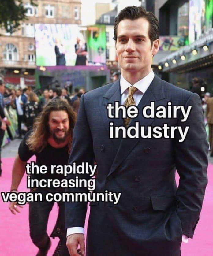 vegan meme - jason momoa and superman meme - the dairy industry the rapidly increasing Vegan community