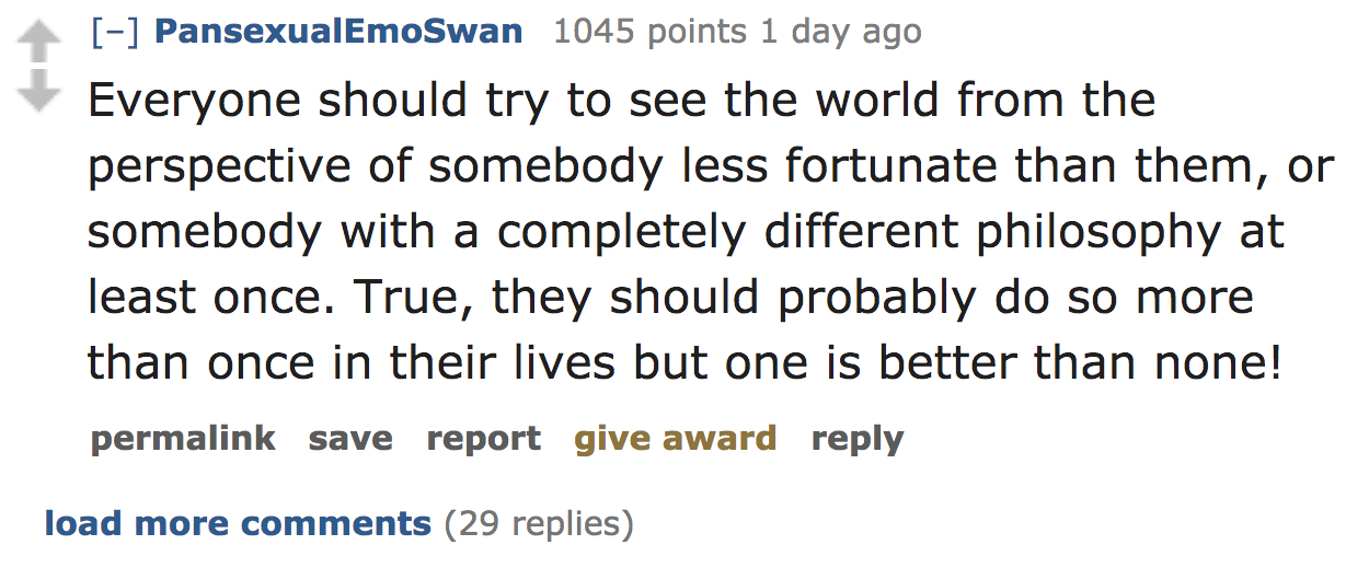 ask reddit - Everyone should try to see the world from the perspective of somebody less fortunate than them, or somebody with a completely different philosophy at least once. True, they should prob