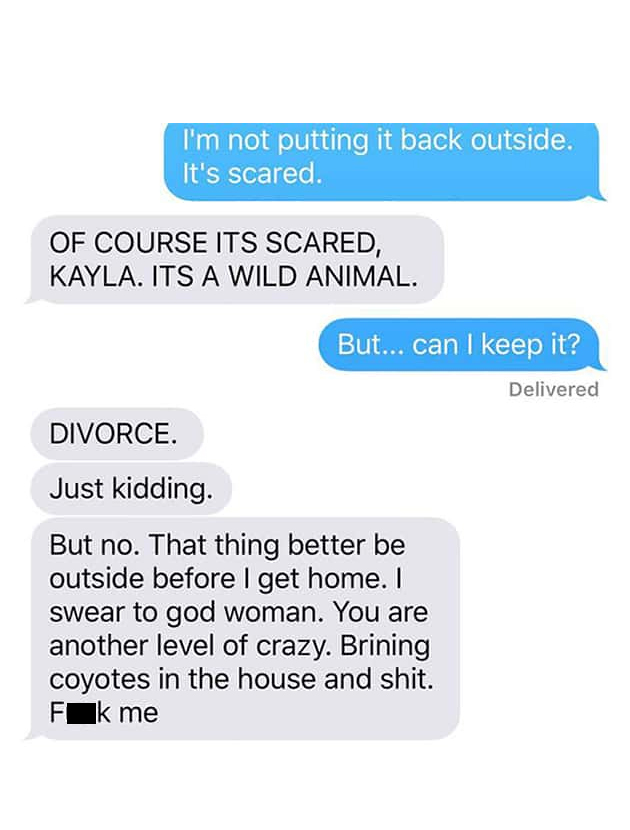 cute husband and wife texts - I'm not putting it back outside. It's scared. Of Course Its Scared, Kayla. Its A Wild Animal. But... can I keep it? Delivered Divorce. Just kidding. But no. That thing better be outside before I get home. I swear to god woman
