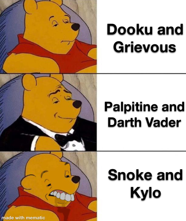rise of skywalker meme - winnie the pooh meme - Dooku and Grievous Palpitine and Darth Vader Snoke and Kylo made with mematic