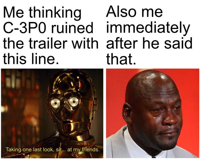rise of skywalker meme - human behavior - Me thinking Also me C3PO ruined immediately the trailer with after he said this line. that. Taking one last look, sir... at my friends.