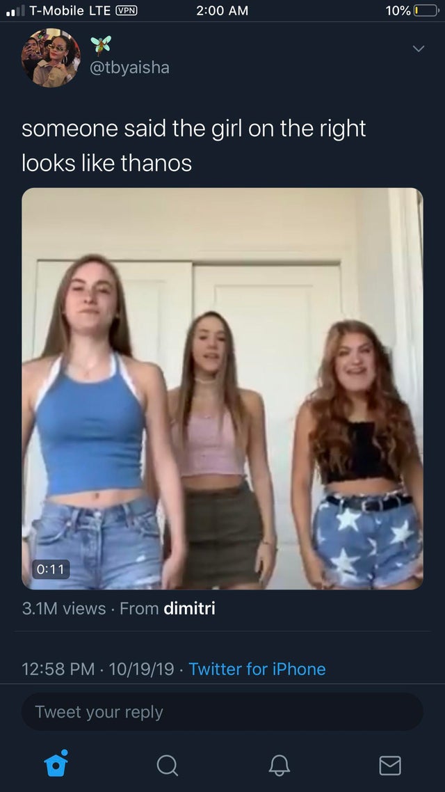 video - . TMobile Lte Vpn 10%O someone said the girl on the right looks thanos 3.1M views From dimitri 101919. Twitter for iPhone Tweet your
