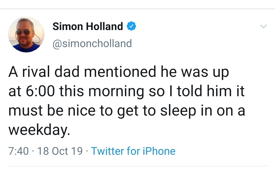 kevin abstract twitter - Simon Holland A rival dad mentioned he was up at this morning so I told him it must be nice to get to sleep in on a weekday. 18 Oct 19 Twitter for iPhone