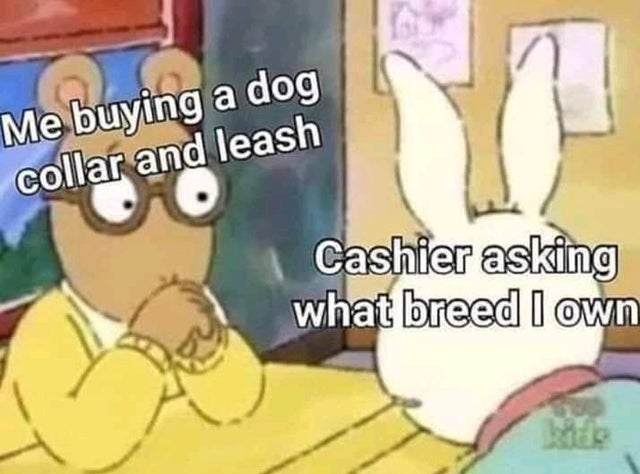 pet bdsm meme - Me buying a dog collar and leash Cashier asking what breed I own