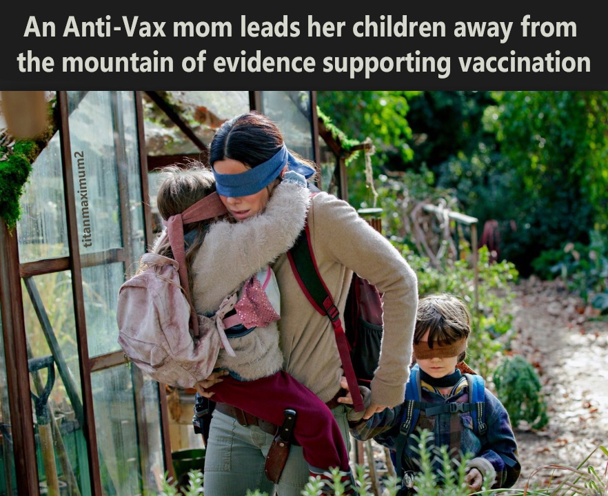 netflix bird box memes - An AntiVax mom leads her children away from the mountain of evidence supporting vaccination titanmaximum2
