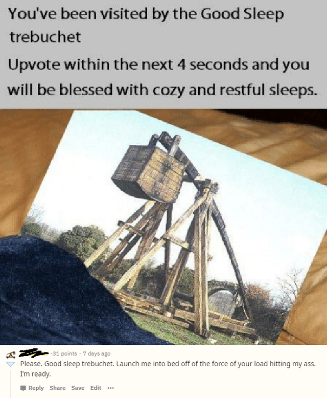 cursed comment - sexually identify as a trebuchet - You've been visited by the Good Sleep trebuchet Upvote within the next 4 seconds and you will be blessed with cozy and restful sleeps. Please. Good sleep trebuchet Launch me into bed off of the force of