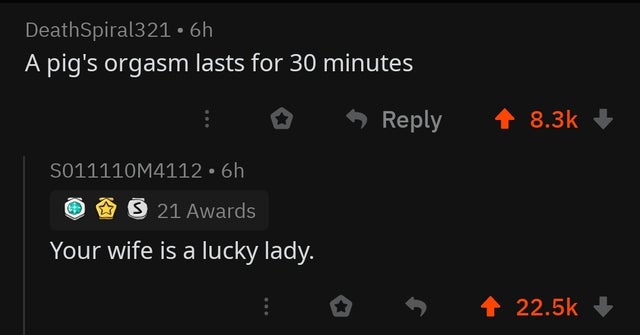 cursed comment - screenshot - DeathSpiral321 6h A pig's orgasm lasts for 30 minutes S011110M4112.6h S 21 Awards Your wife is a lucky lady. 4