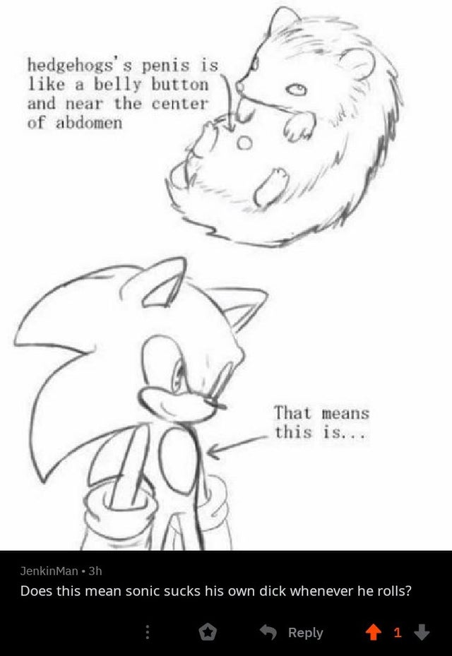 cursed comment - hedgehog penis - hedgehogs's penis is a belly button and near the center of abdomen That means this is... Jenkin Man 3h Does this mean sonic sucks his own dick whenever he rolls? i 41