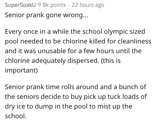 reddit nsfw - introduction on capacity building - SuperSoaku points 22 hours ago Senior prank gone wrong... Every once in a while the school olympic sized pool needed to be chlorine killed for cleanliness and it was unusable for a few hours until the chlo