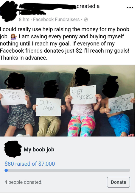 shoulder - created a 8 hrs. Facebook Fundraisers. I could really use help raising the money for my boob job. I am saving every penny and buying myself nothing until I reach my goal. If everyone of my Facebook friends donates just $2 I'll reach my goals! T
