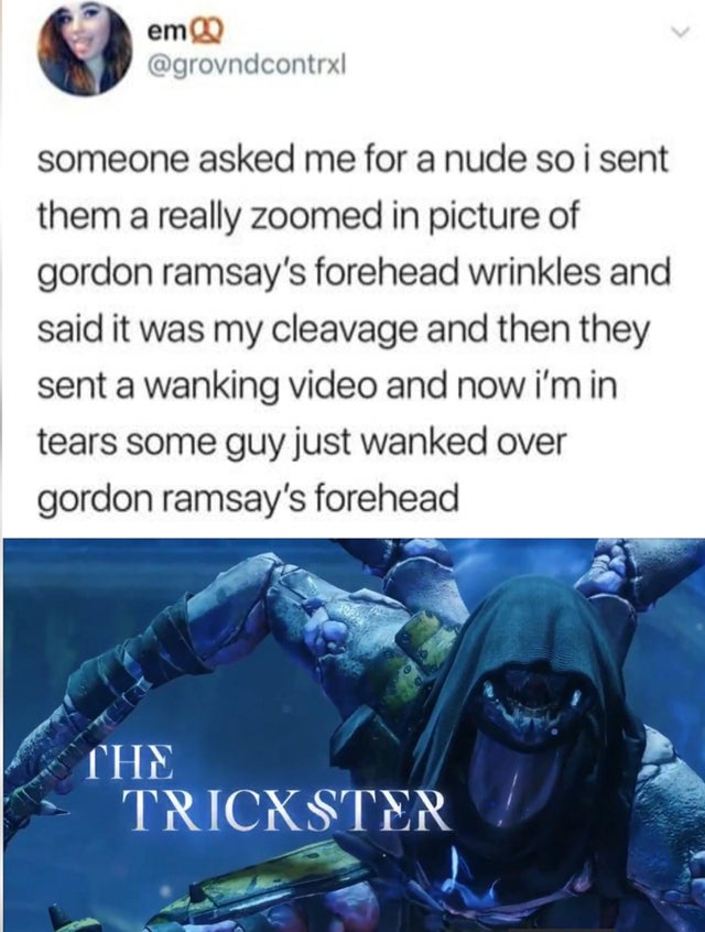 dank meme - trickster meme destiny - em someone asked me for a nude so i sent them a really zoomed in picture of gordon ramsay's forehead wrinkles and said it was my cleavage and then they sent a wanking video and now i'm in tears some guy just wanked ove