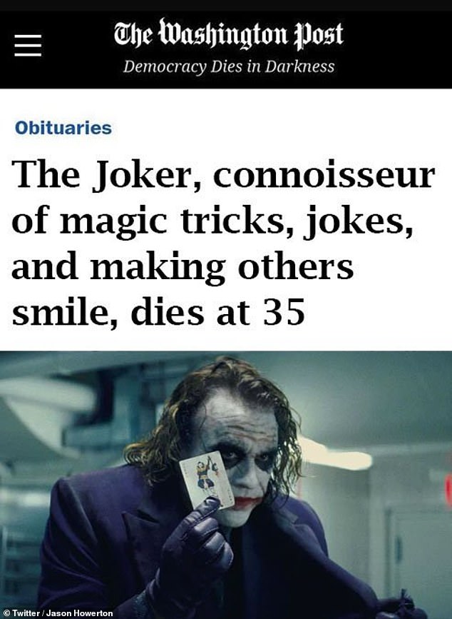 heath ledger joker hi res - The Washington Post Democracy Dies in Darkness Obituaries The Joker, connoisseur of magic tricks, jokes, and making others smile, dies at 35 TwitterJason Howerton