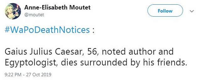 document - AnneElisabeth Moutet Notices Gaius Julius Caesar, 56, noted author and Egyptologist, dies surrounded by his friends.
