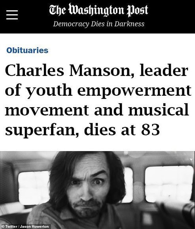 photo caption - The Washington Post Democracy Dies in Darkness Obituaries Charles Manson, leader of youth empowerment movement and musical superfan, dies at 83 TwitterJason Howerton
