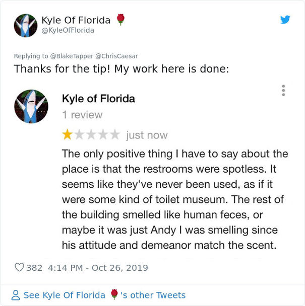 web page - Kyle Of Florida Tapper Thanks for the tip! My work here is done Kyle of Florida 1 review just now The only positive thing I have to say about the place is that the restrooms were spotless. It seems they've never been used, as if it were some ki