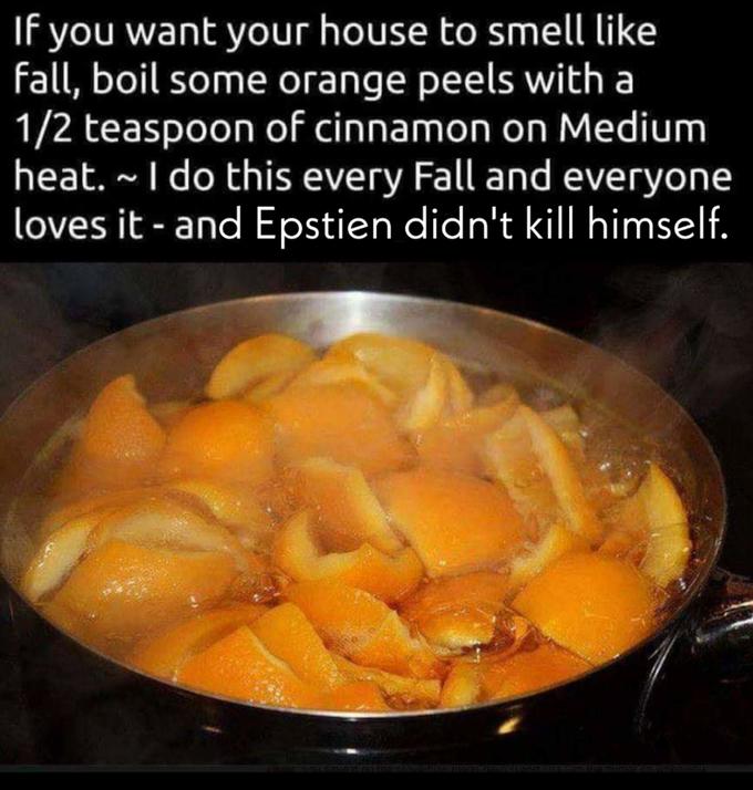 epstein meme - make the house smell good - If you want your house to smell fall, boil some orange peels with a 12 teaspoon of cinnamon on Medium heat. I do this every Fall and everyone loves it and Epstien didn't kill himself.