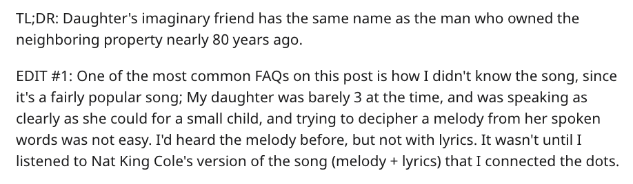 handwriting - Tl;Dr Daughter's imaginary friend has the same name as the man who owned the neighboring property nearly 80 years ago. Edit One of the most common FAQs on this post is how I didn't know the song, since it's a fairly popular song; My daughter