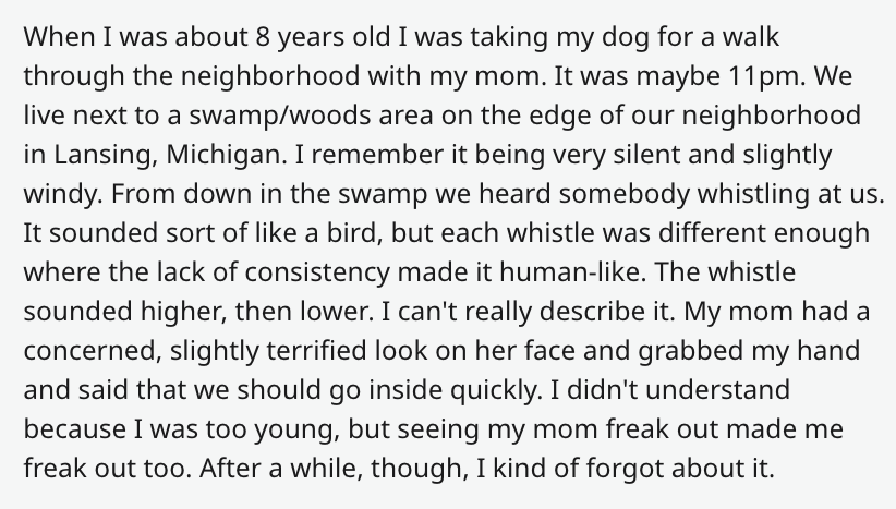 When I was about 8 years old I was taking my dog for a walk through the neighborhood with my mom. It was maybe 11pm. We live next to a swampwoods area on the edge of our neighborhood in Lansing, Michigan. I remember it being very silent and slightly windy