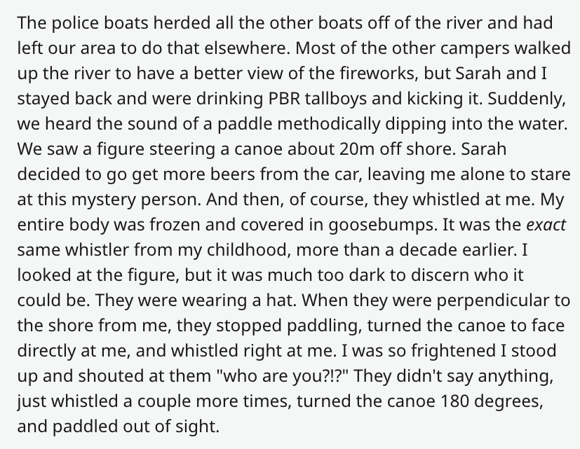 angle - The police boats herded all the other boats off of the river and had left our area to do that elsewhere. Most of the other campers walked up the river to have a better view of the fireworks, but Sarah and I stayed back and were drinking Pbr tallbo