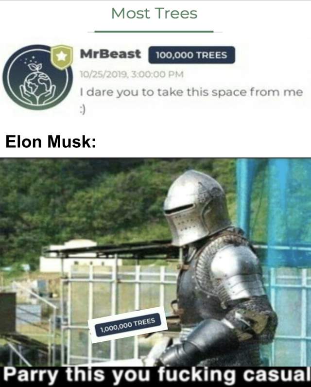 parry this you filthy casual - Most Trees MrBeast 100,000 Trees 10252019,3. I dare you to take this space from me Elon Musk 1,000,000 Trees Parry this you fucking casual