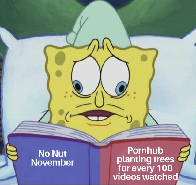 spongebob reading meme template - No Nut November Pornhub planting trees for every 100 videos watched