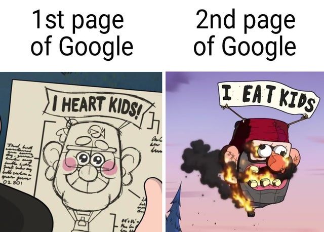 fresh meme - cartoon - 1st page of Google 2nd page of Google I Heart Kids! I Eat Kids 4 was que te 02.801