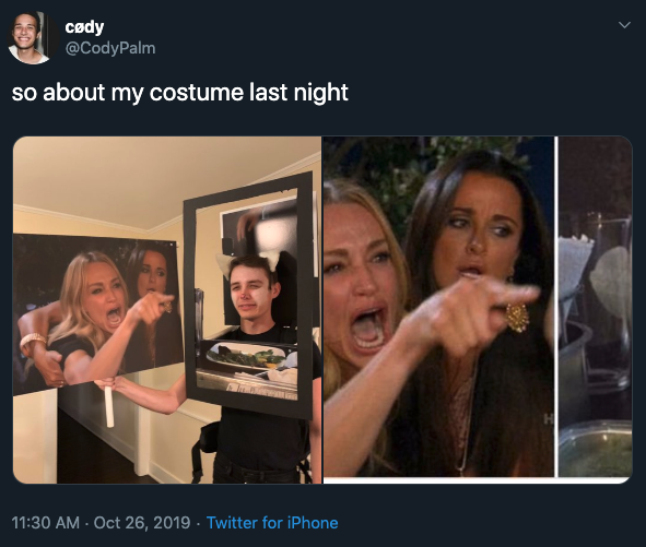 Halloween costume by Cody Palm of dressing up as Woman Yelling at a cat meme