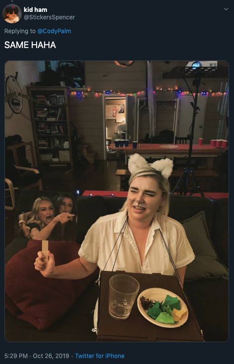 Woman dressed up as the cat from the woman yelling at a cat meme