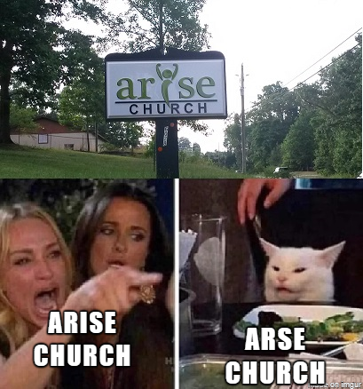 woman yelling at a cat meme about a church sign called arise church that looks like arse church