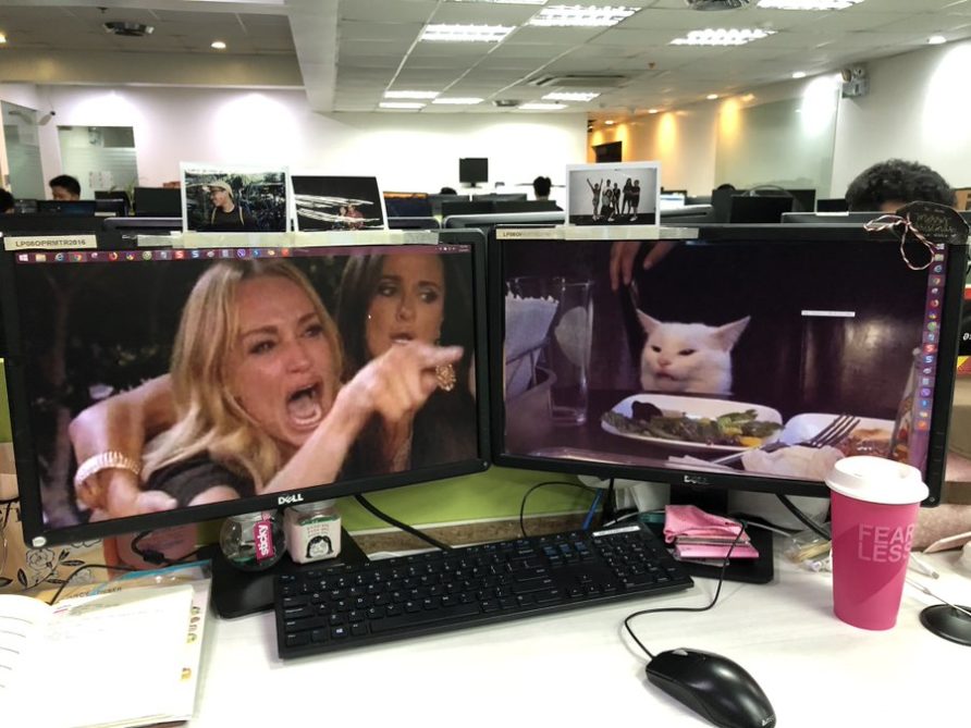 Desktop monitors where someone made their background to be woman yelling at a cat meme