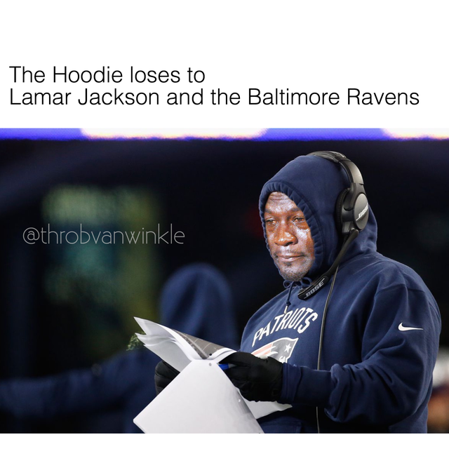 nfl meme - bill belichick play call - The Hoodie loses to Lamar Jackson and the Baltimore Ravens Arhill