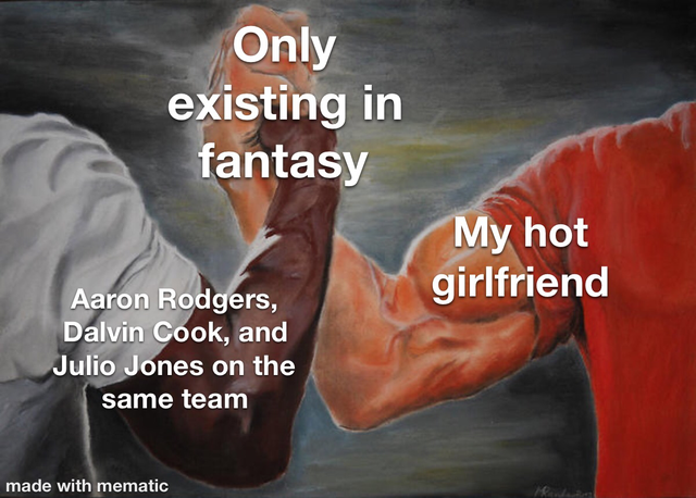 nfl meme - epic handshake meme - Only existing in fantasy My hot girlfriend Aaron Rodgers, Dalvin Cook, and Julio Jones on the same team made with mematic