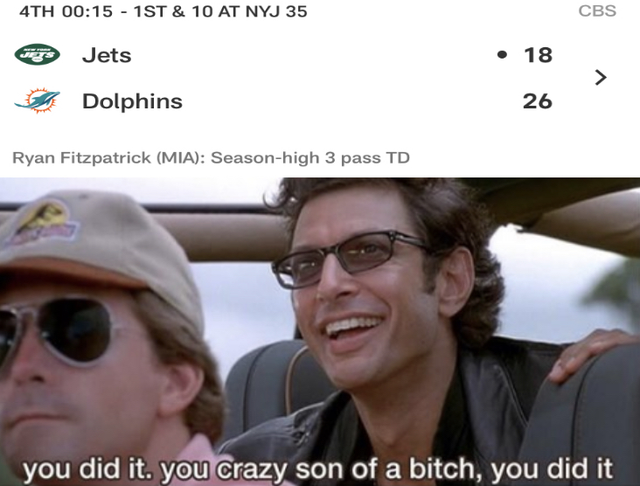 nfl meme - you crazy son of a bitch you did it - 4TH 1ST & 10 At Nyj 35 Cbs Jets Dolphins Ryan Fitzpatrick Mia Seasonhigh 3 pass Td you did it. you crazy son of a bitch, you did it
