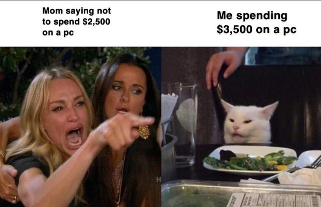 woman yelling at cat meme - Mom saying not to spend $2,500 on a pc Me spending $3,500 on a pc