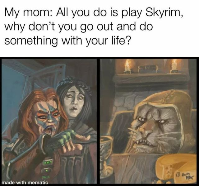 skyrim memes - My mom All you do is play Skyrim, why don't you go out and do something with your life? made with mematic