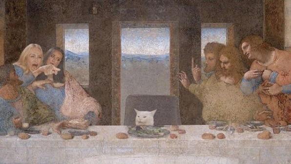 woman yelling at a cat jesus painting