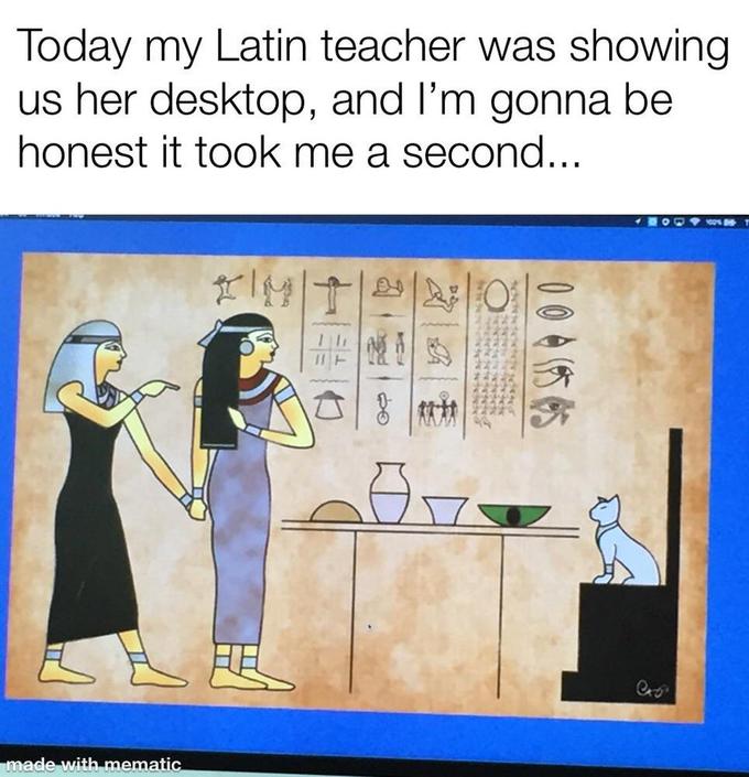 hieroglyph cat meme - Today my Latin teacher was showing us her desktop, and I'm gonna be honest it took me a second... Out On non made with mematic