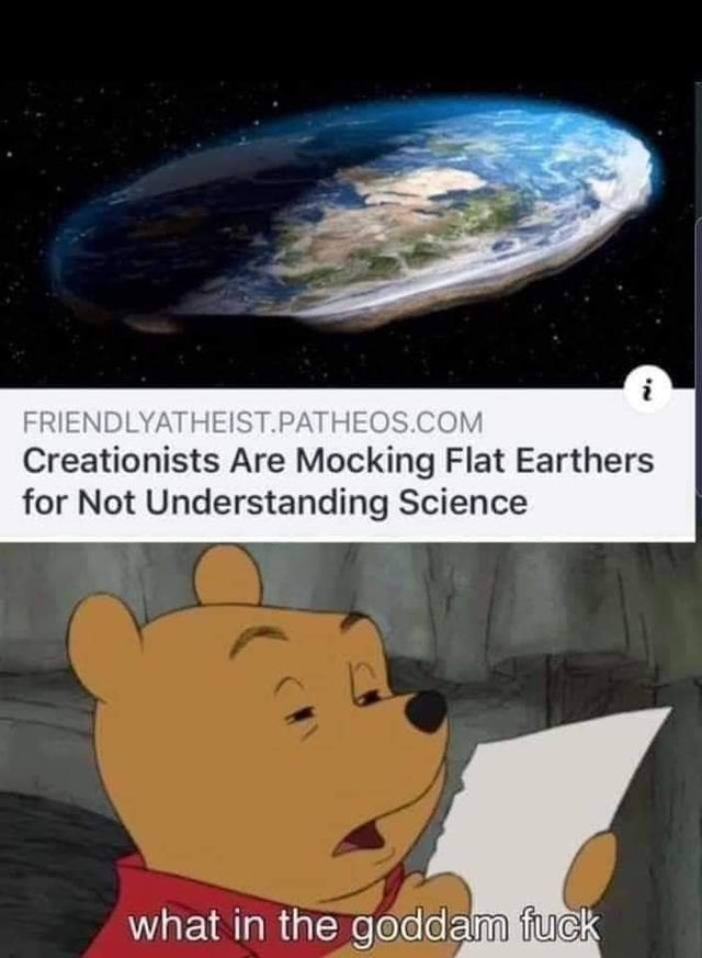 pooh bear mom meme - Friendlyatheist.Patheos.Com Creationists Are Mocking Flat Earthers for Not Understanding Science what in the goddam fuck