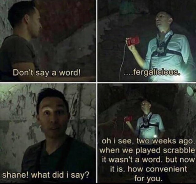 buzzfeed unsolved memes - Don't say a word! ...fergalicious. oh i see, two weeks ago, when we played scrabble, it wasn't a word. but now it is. how convenient for you. shane! what did i say?