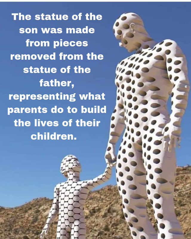 parents and child sculpture - The statue of the son was made from pieces removed from the statue of the father, representing what parents do to build the lives of their children. 00