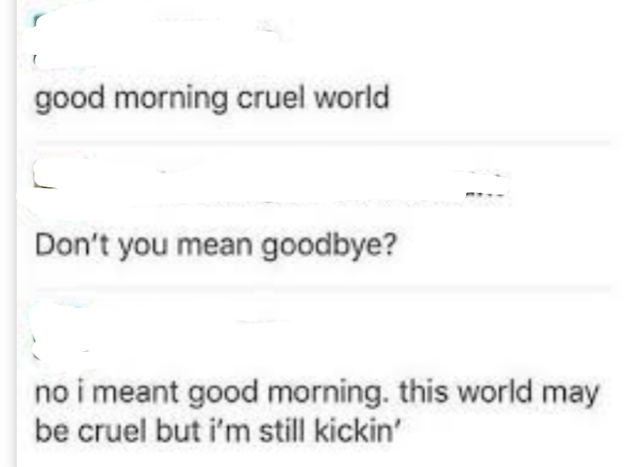 wholesome meme - document - good morning cruel world Don't you mean goodbye? no i meant good morning. this world may be cruel but i'm still kickin'