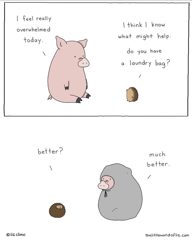 wholesome meme - cartoon - I feel really overwhelmed today. I think I know what might help. do you have a laundry bag? better? much better liz Climo thelittleworld ofliz.com