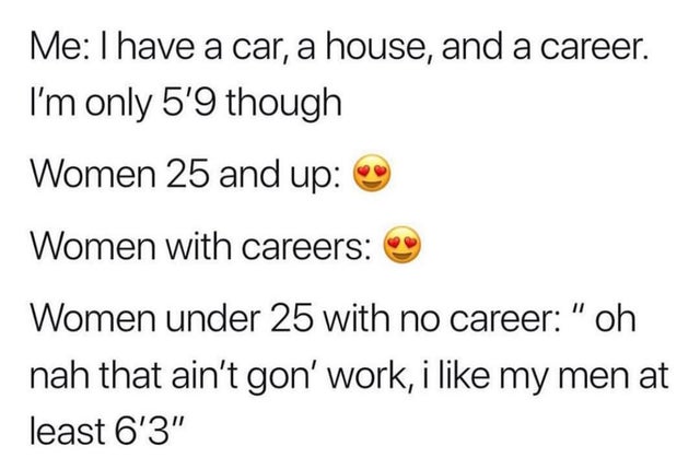 angle - Me Thave a car, a house, and a career. I'm only 5'9 though Women 25 and up Women with careers Women under 25 with no career " oh nah that ain't gon' work, i my men at least 6'3"