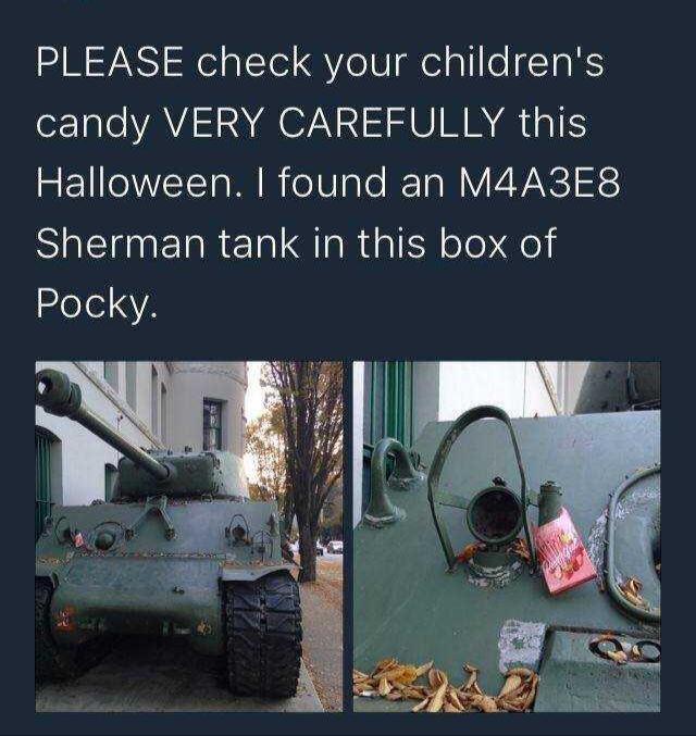 tank in kids candy - Please check your children's candy Very Carefully this 'Halloween. I found an M4A3E8 Sherman tank in this box of Pocky.