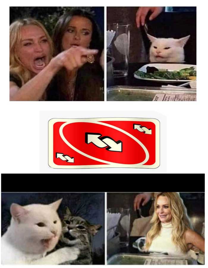 Woman yelling at a cat meme with an uno card reversing the meme